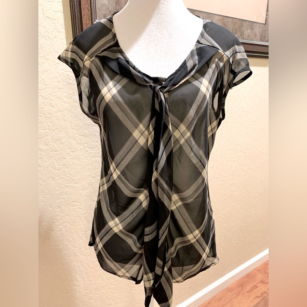 Worthington Black and Cream Plaid Tie-Neck Blouse